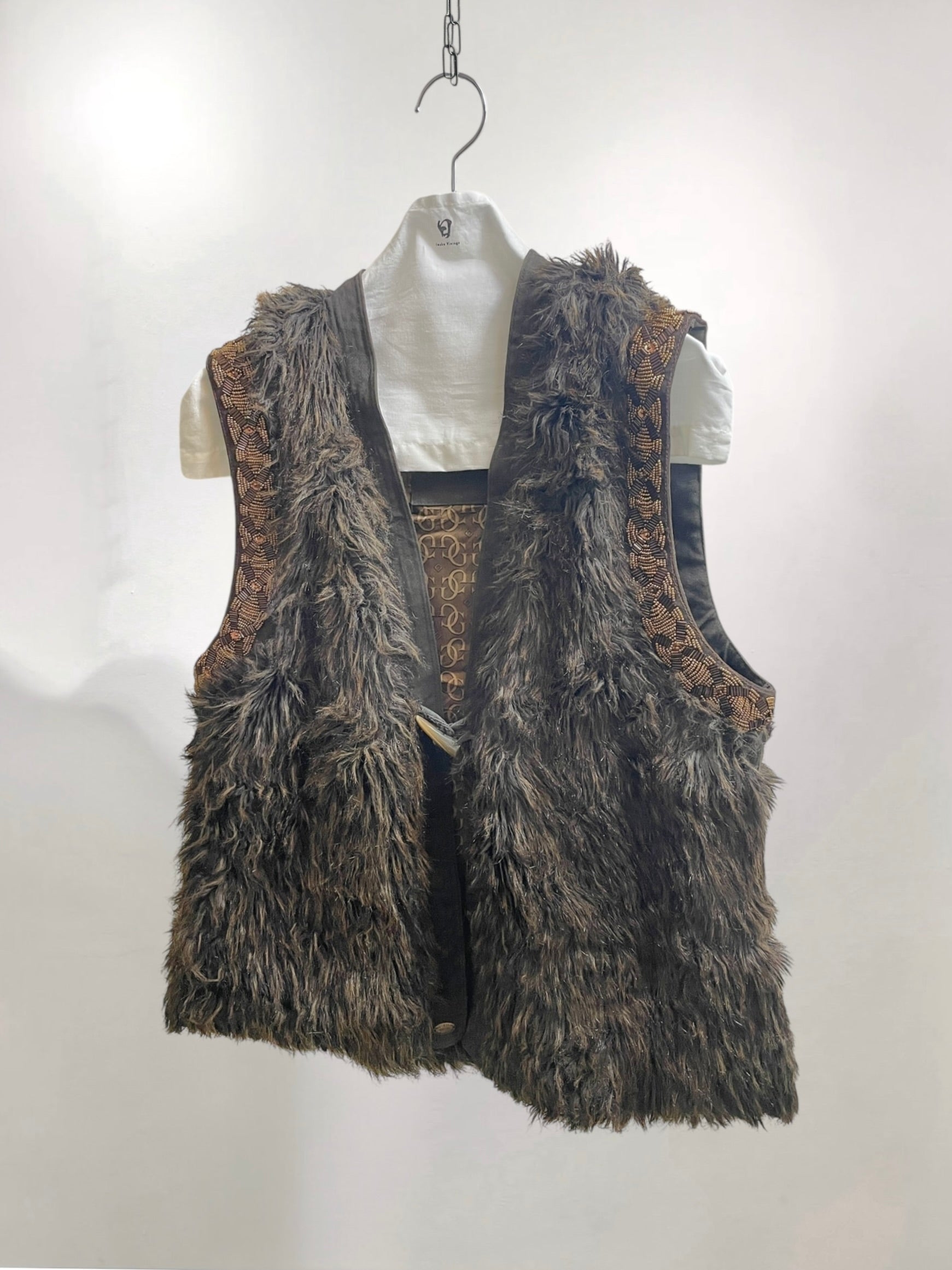Guess ブラウン ファー ビーズ ボヘミアン ベスト Y2K ヴィンテージ古着